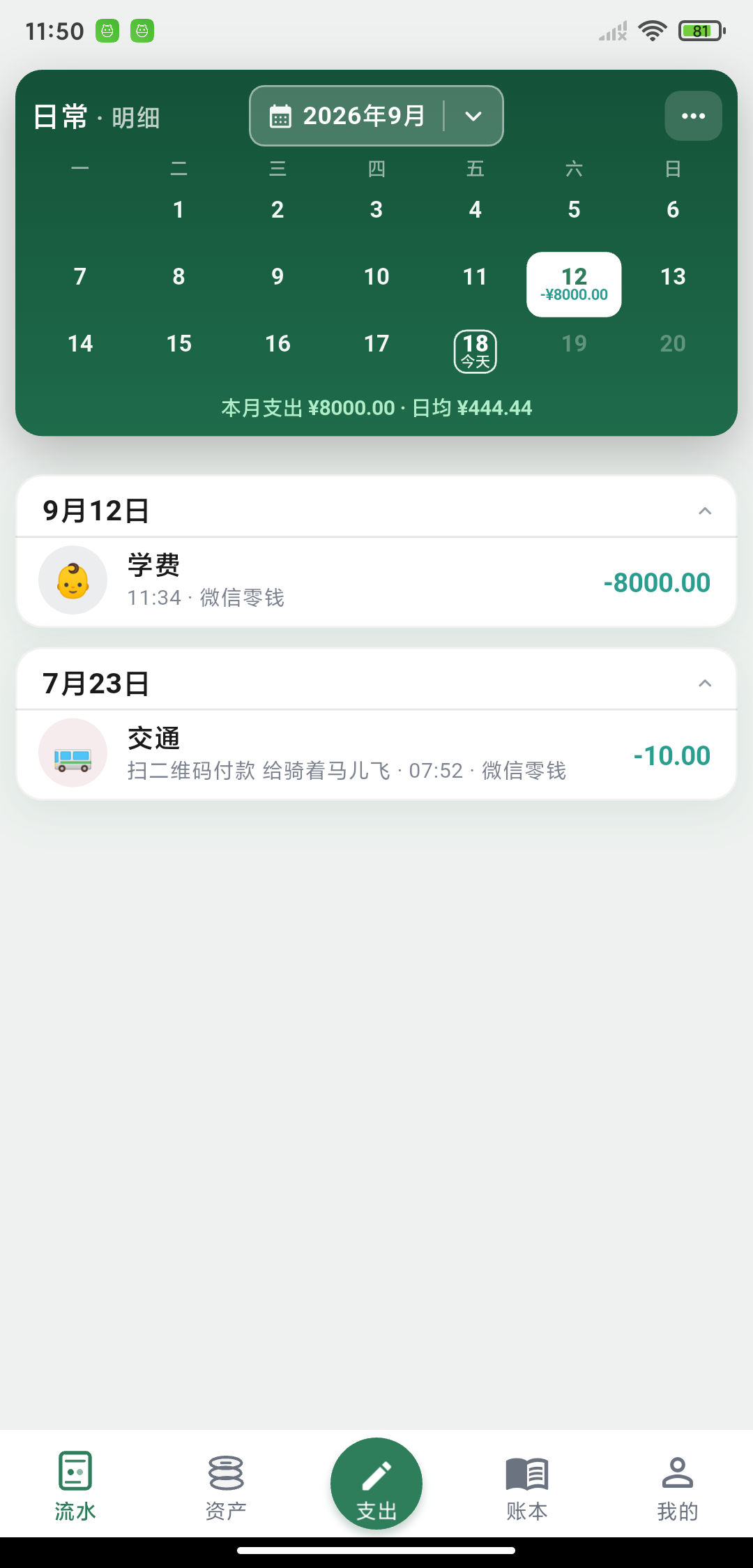 流水明细：按日查看支出与收入记录